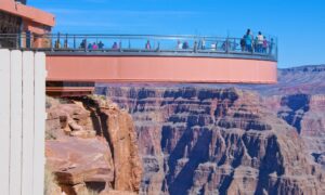 The Skywalk at Eagle Point extends out over the Grand Canyon and gives visitors amazing views of this landmark.